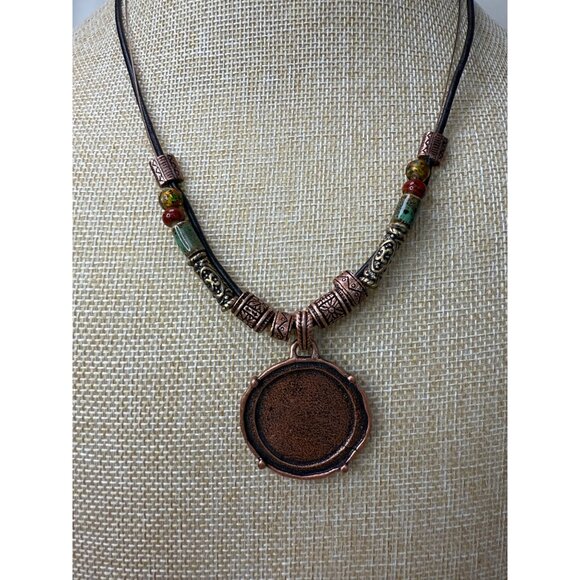 Chicos Tribal Look Copper Pendant Necklace With Beaded Accents & Adjustable Cord - Picture 1 of 9